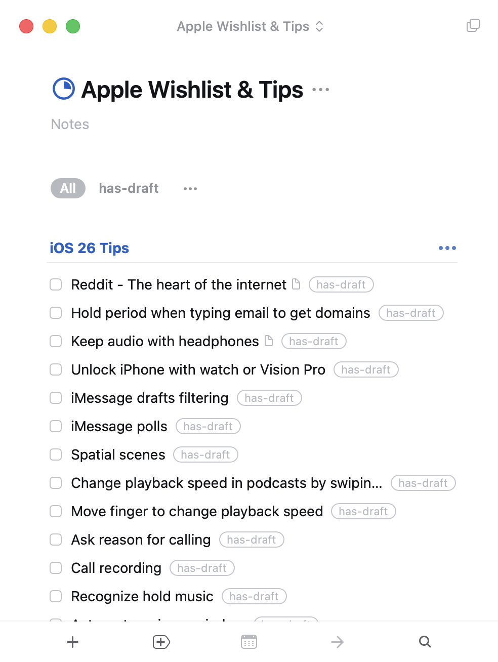 Apple Wishlist & Tips project in Things 3